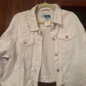 White jean jacket with diamond fringe and jean shorts with diamond fringe